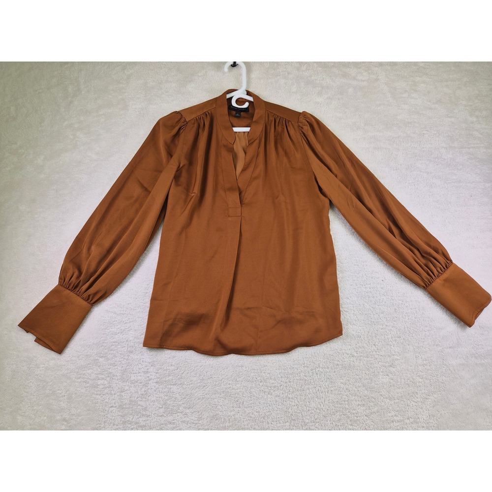 Banana Republic Women Cognac Brown Satin Split Neck Long Sleeve Blouse Small